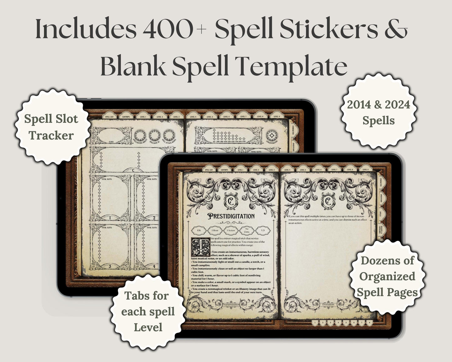 Spell book pages with spell slot tracker and blank spell template