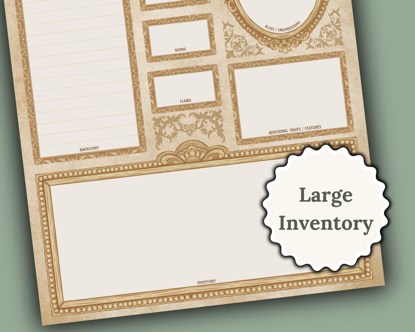 Inventory section of dnd character sheet with label 'large inventory'