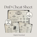 DnD Cheat Sheet with five pages on a light gray background