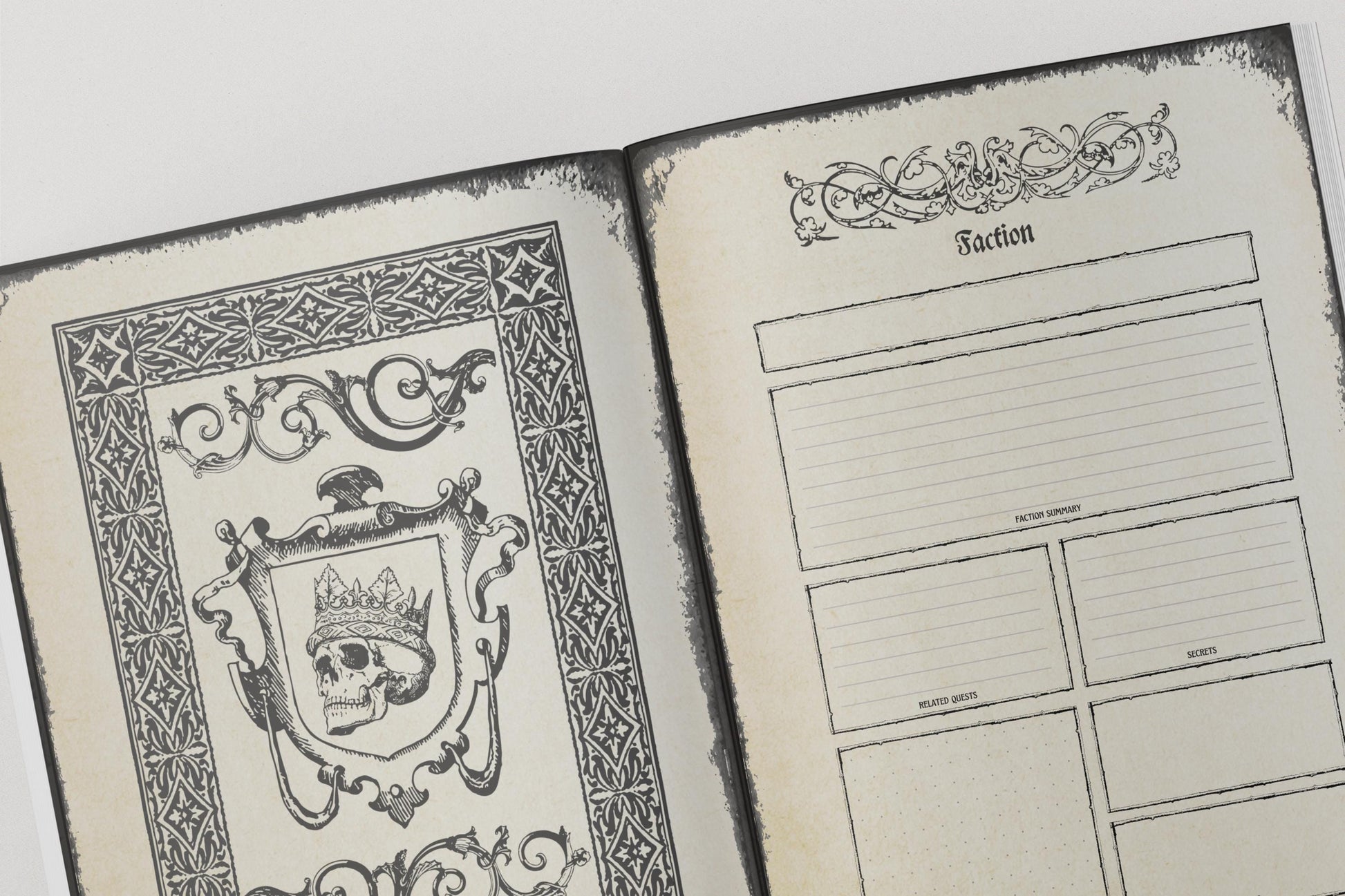 Open book with decorative skull design on one page and dnd faction page on the other