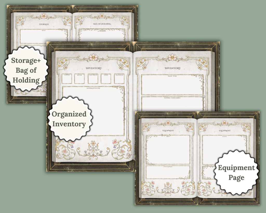 Pages from a dnd inventory sheet with decorative frames and labels on inventory 