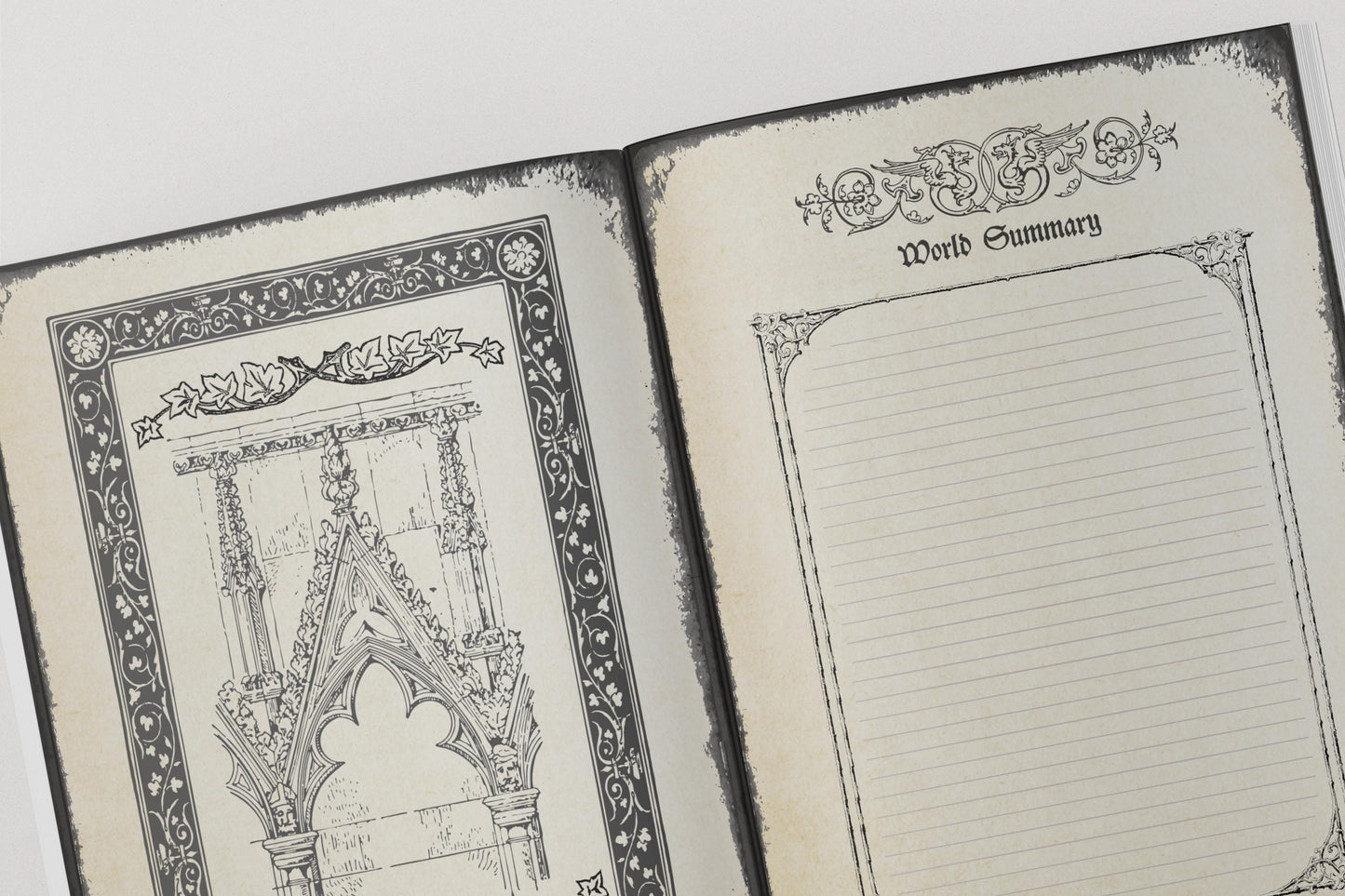 Open dnd notebook with decorative pages and a word summary section.