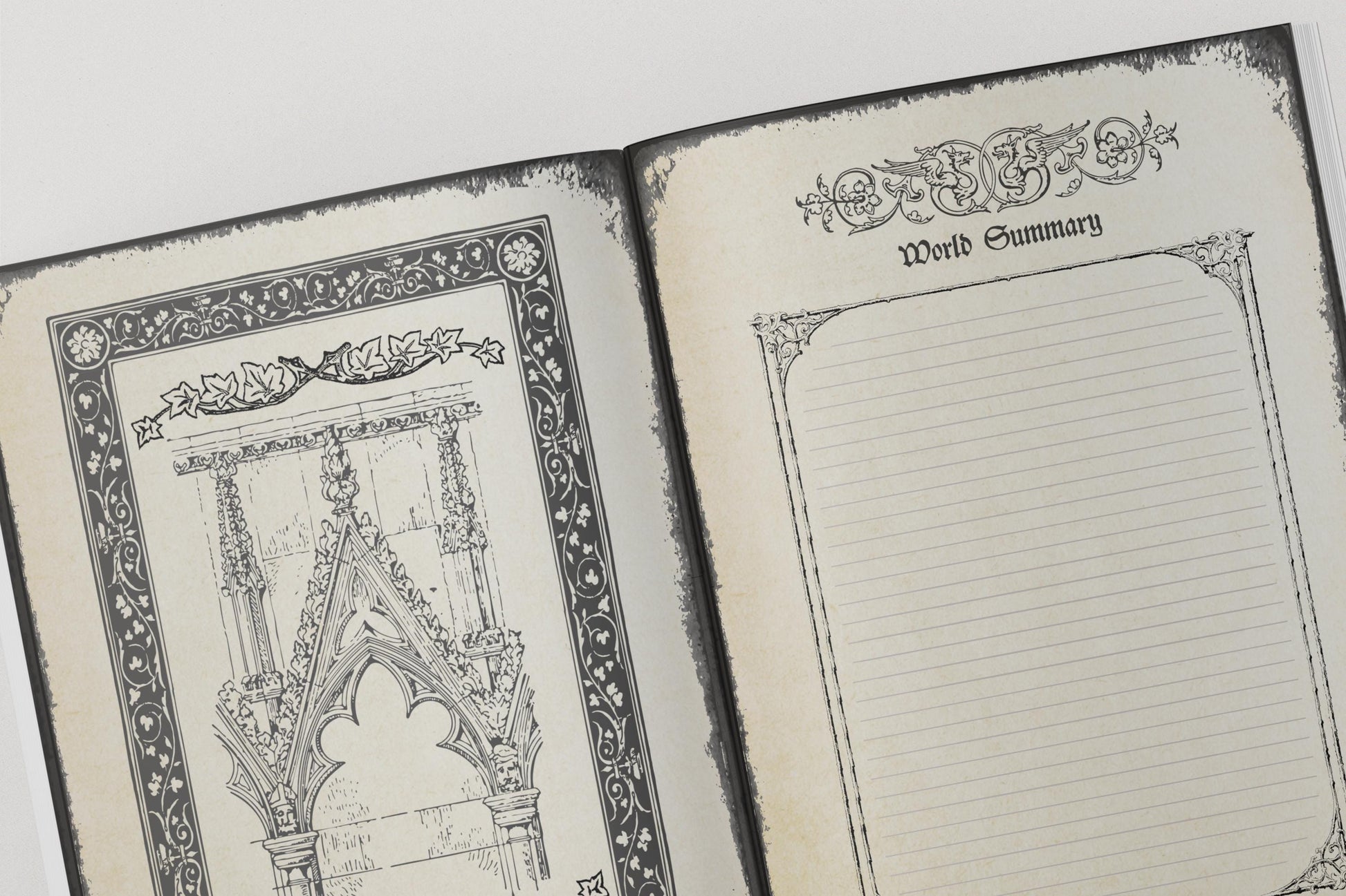 Open dnd notebook with decorative pages and a word summary section.