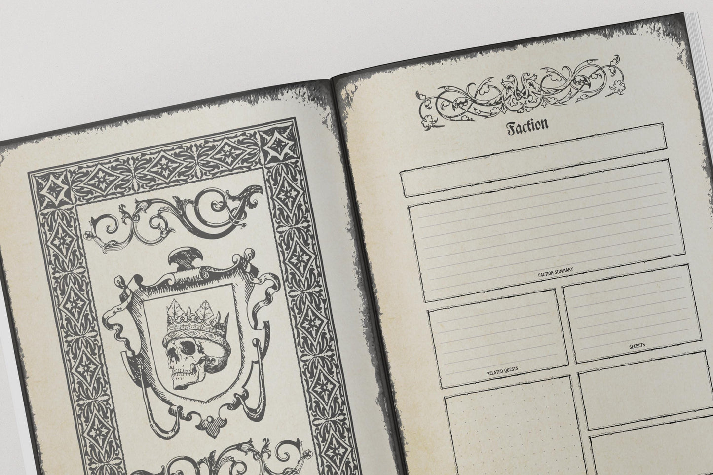 Open dnd notebook with decorative skull design on one page and faction pages on the other