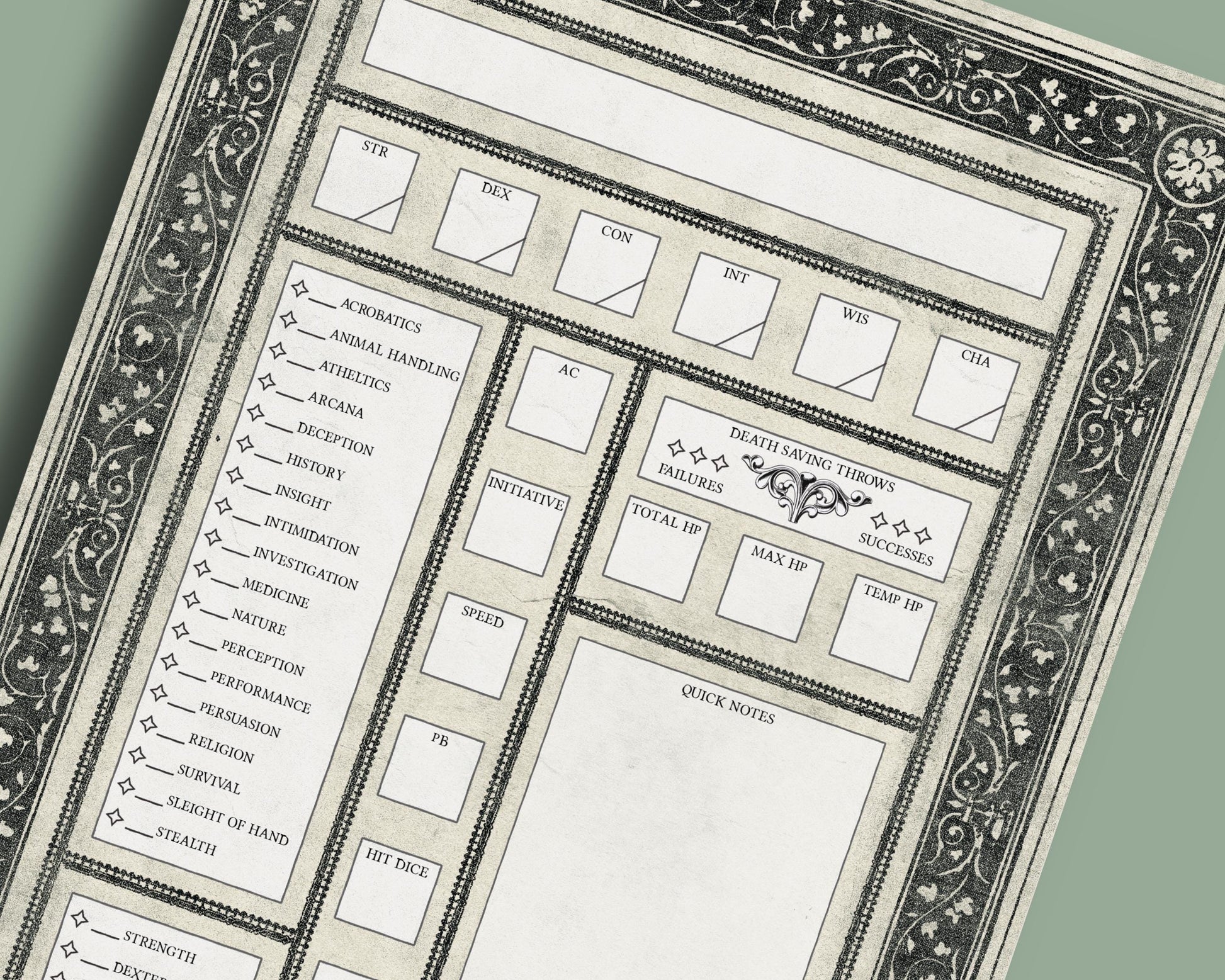 Zoomed in view of DnD Character Sheet with medieval ornate border