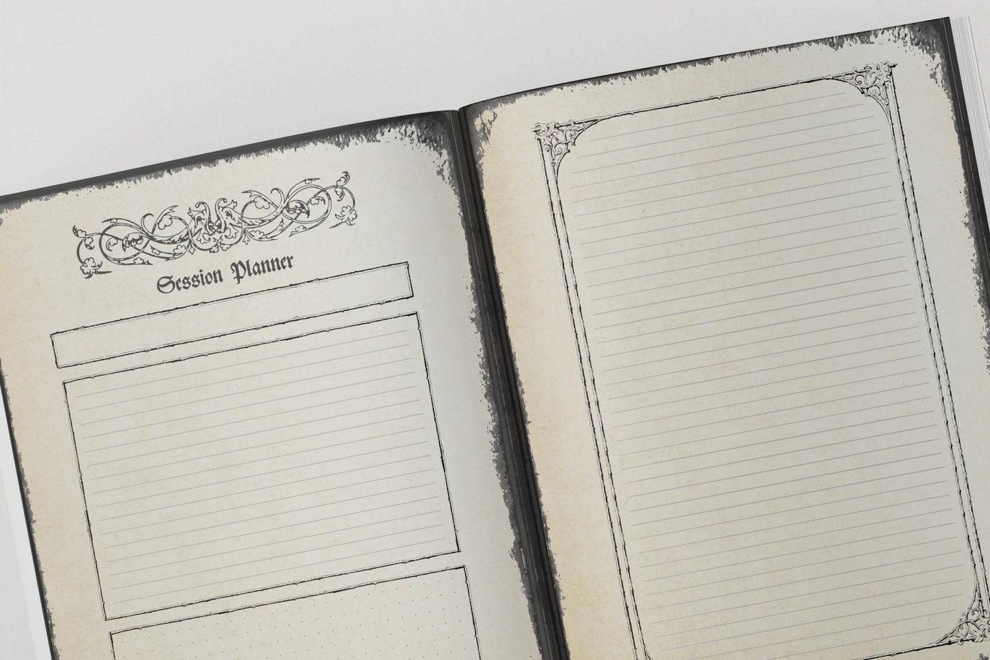 Open dungeons and dragons notebook with 'Session Planner' on one page and lined pages on the other
