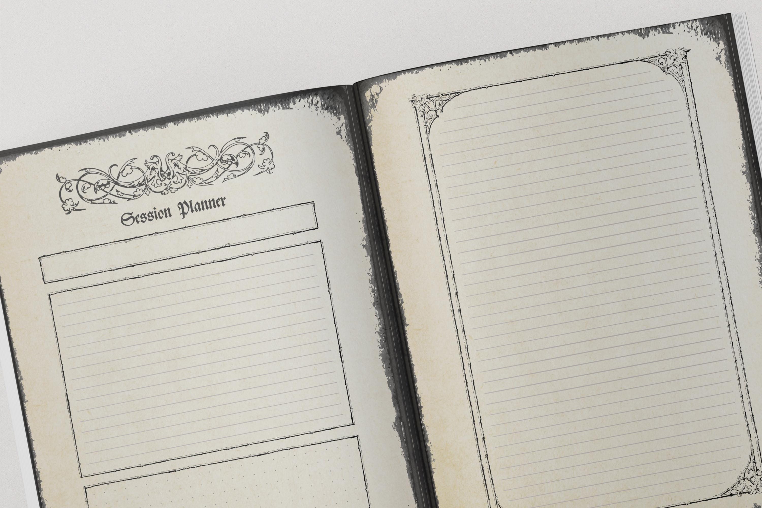 Open dungeons and dragons notebook with 'Session Planner' on one page and lined pages on the other
