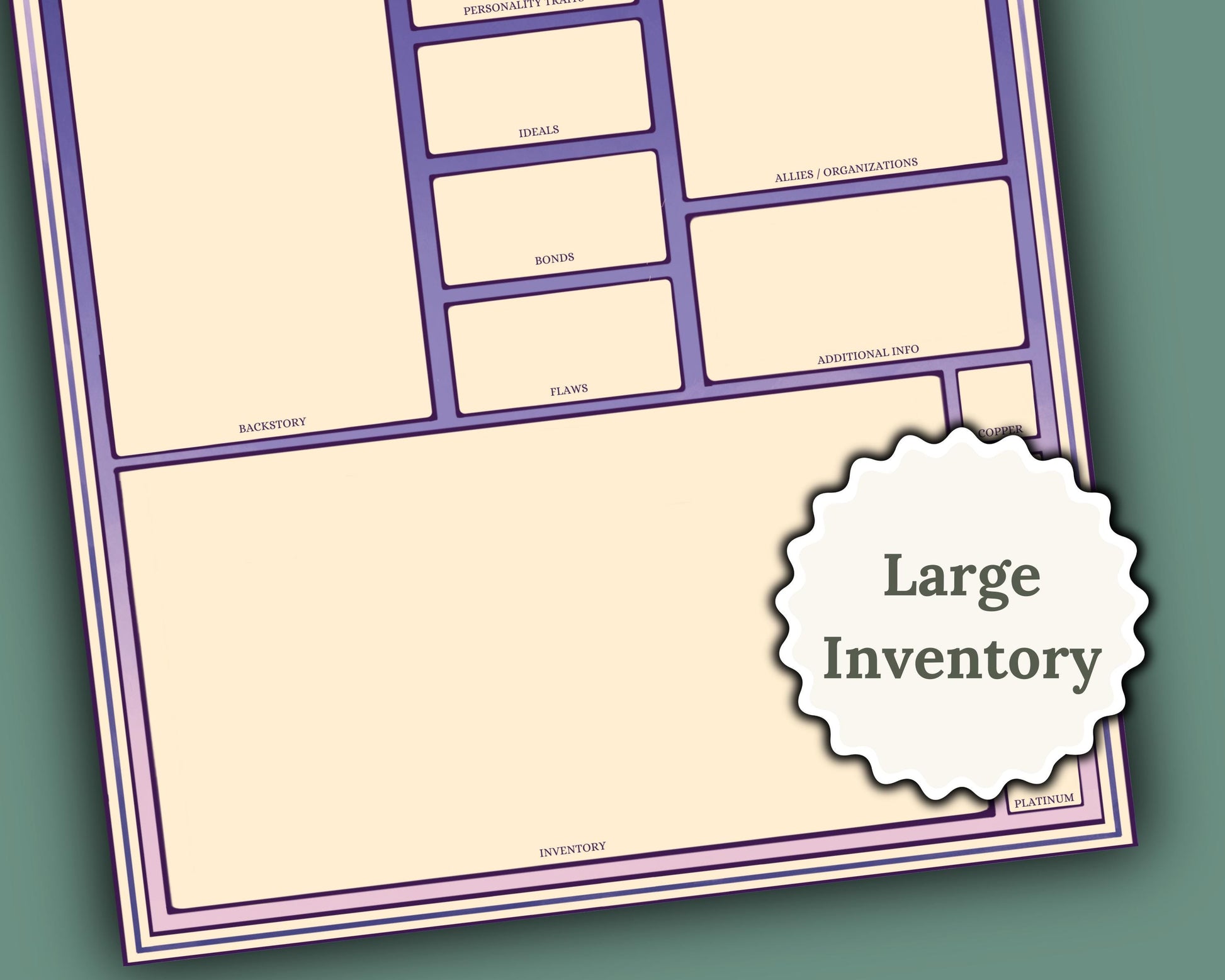 Large inventory label with purple border and beige center