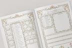 Two open pages of stats in a dnd notebook with decorative elements