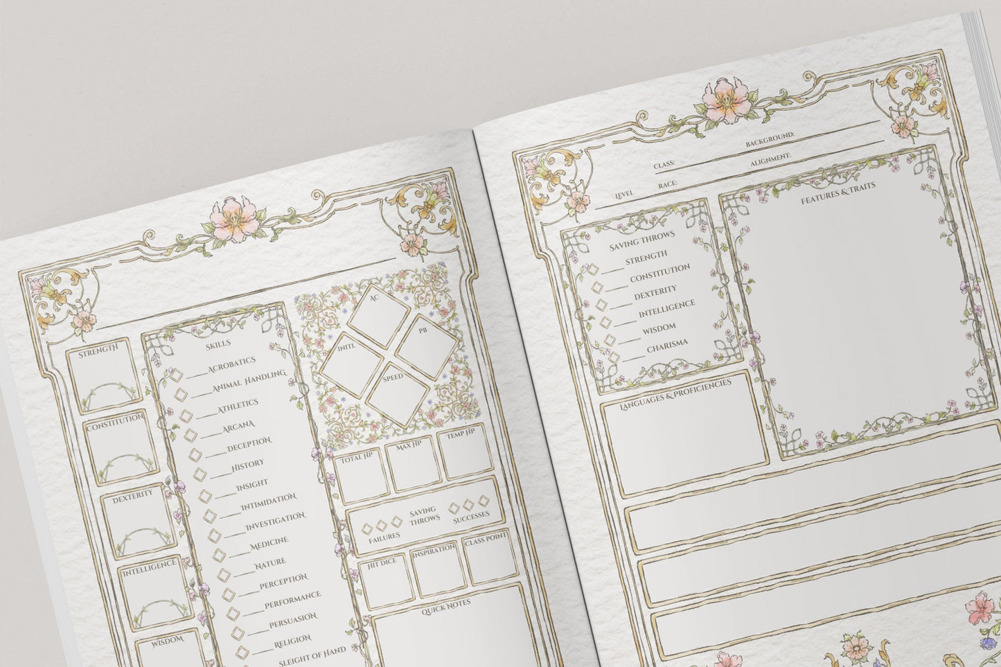 Two open pages of stats in a dnd notebook with decorative elements