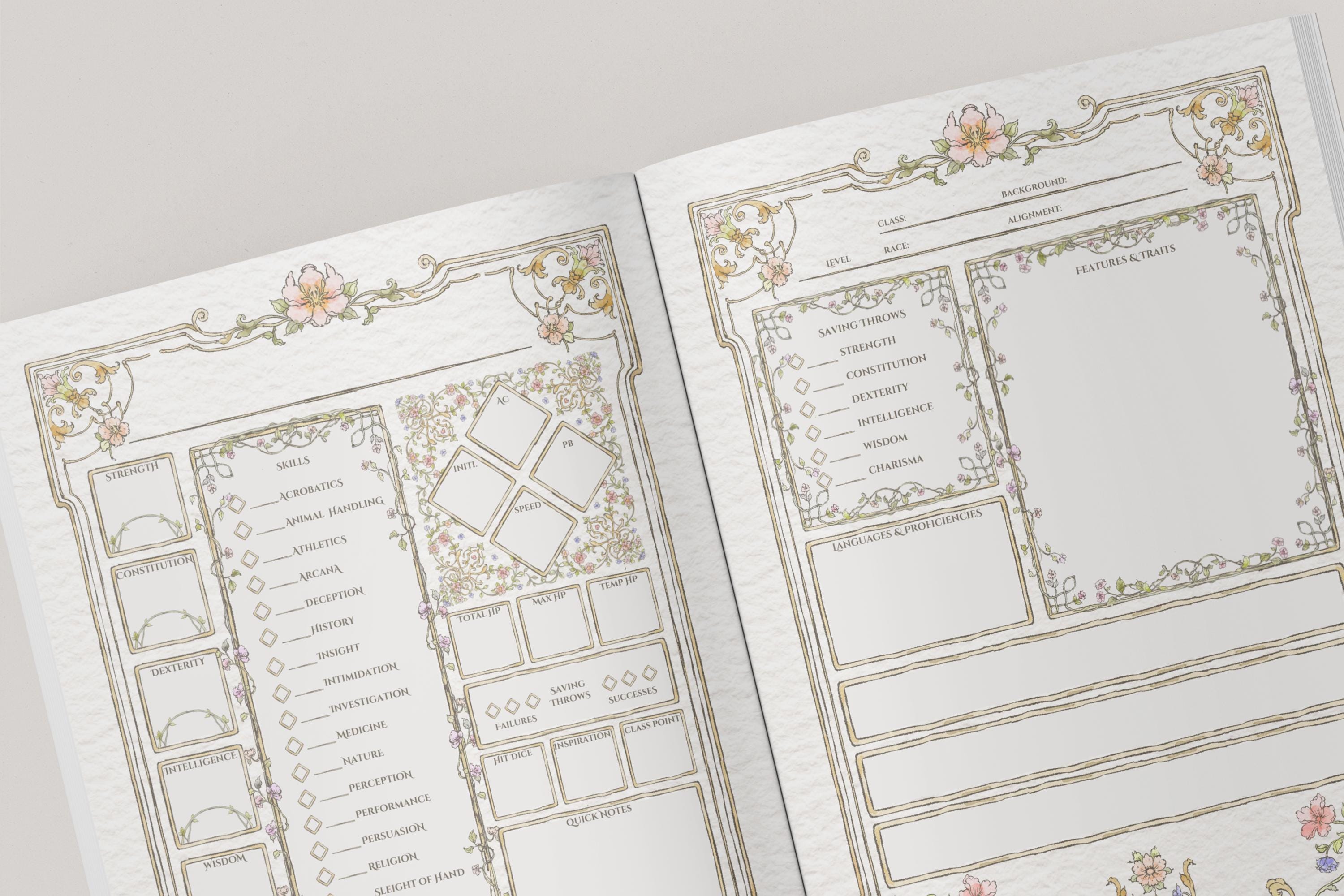 Two open pages of stats in a dnd notebook with decorative elements