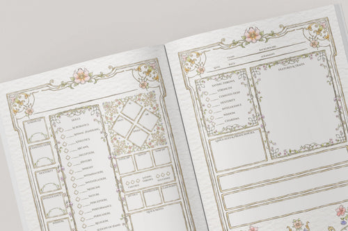 Two open pages of stats in a dnd notebook with decorative elements