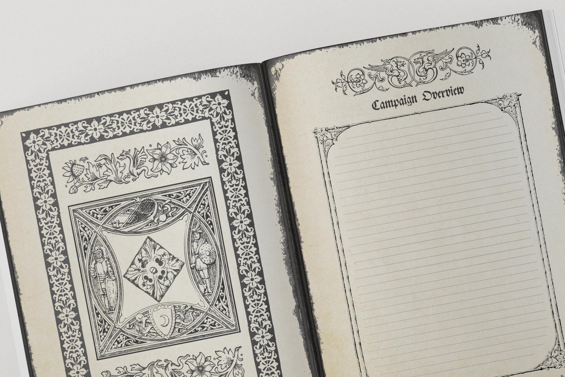 Open dnd notebook with decorative cover and 'Campaign Overview' page 