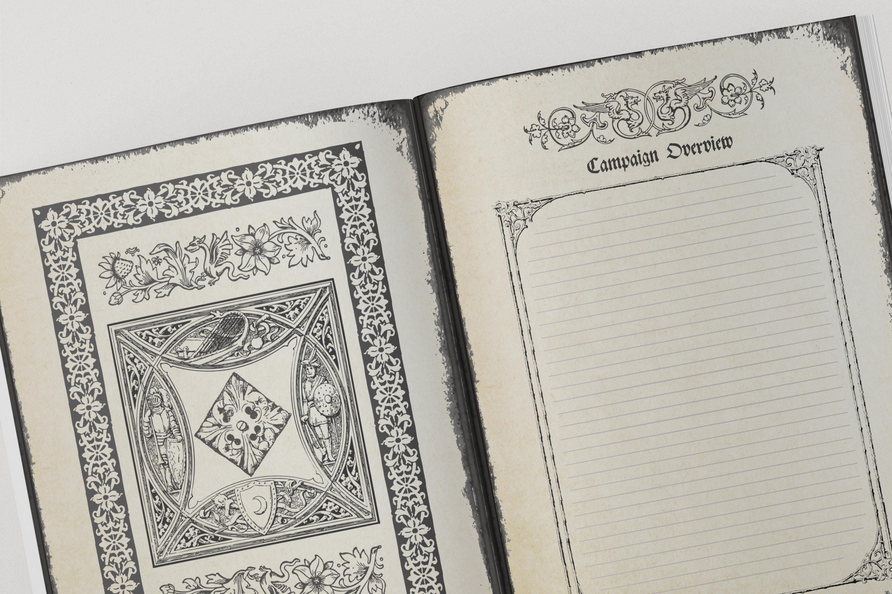 Open dnd notebook with decorative cover and 'Campaign Overview' page 
