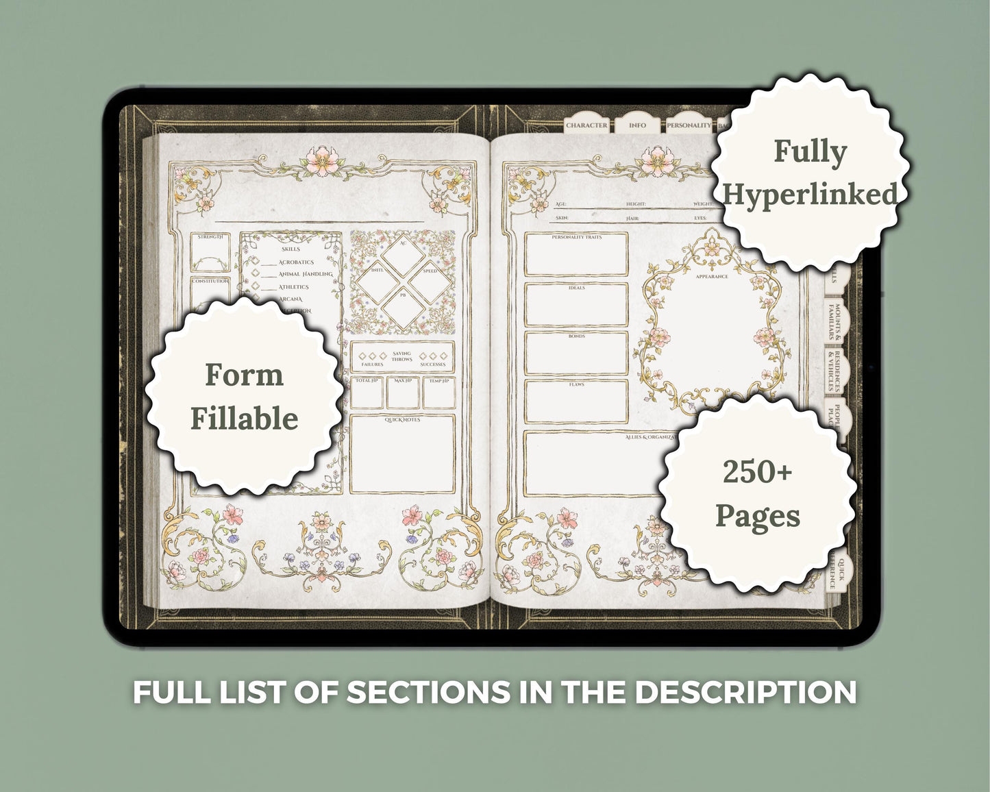 Digital journal with labels 'form fillable' '250 pages' 'fully hyperlinked'