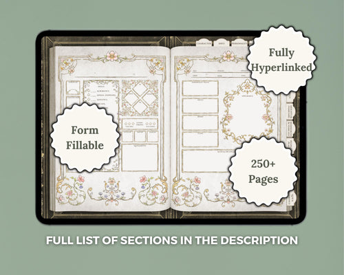 Digital journal with labels 'form fillable' '250 pages' 'fully hyperlinked'