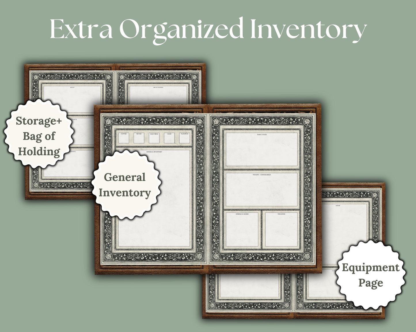 Preview of dnd character sheet inventory pages with various labels