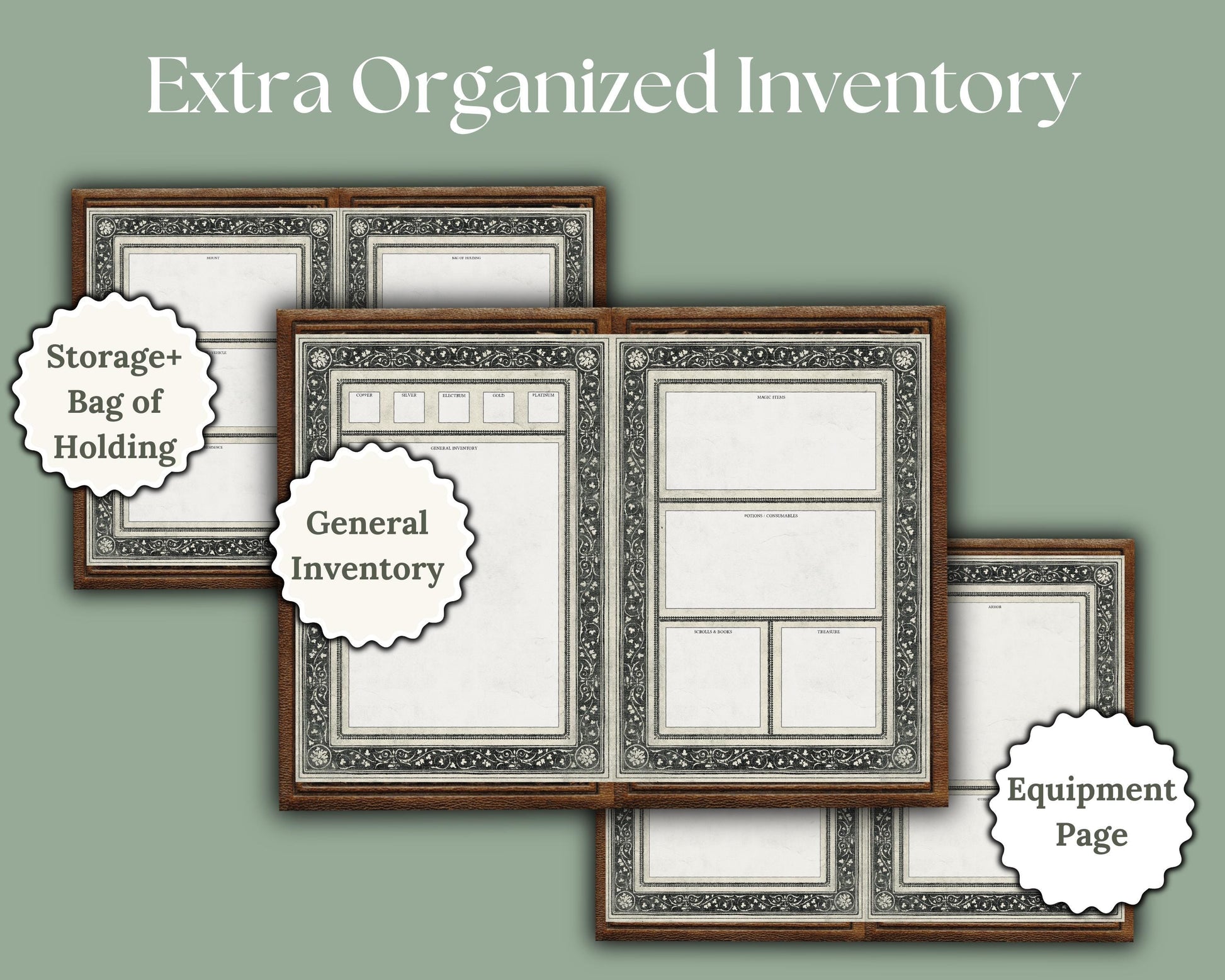 Preview of dnd character sheet inventory pages with various labels