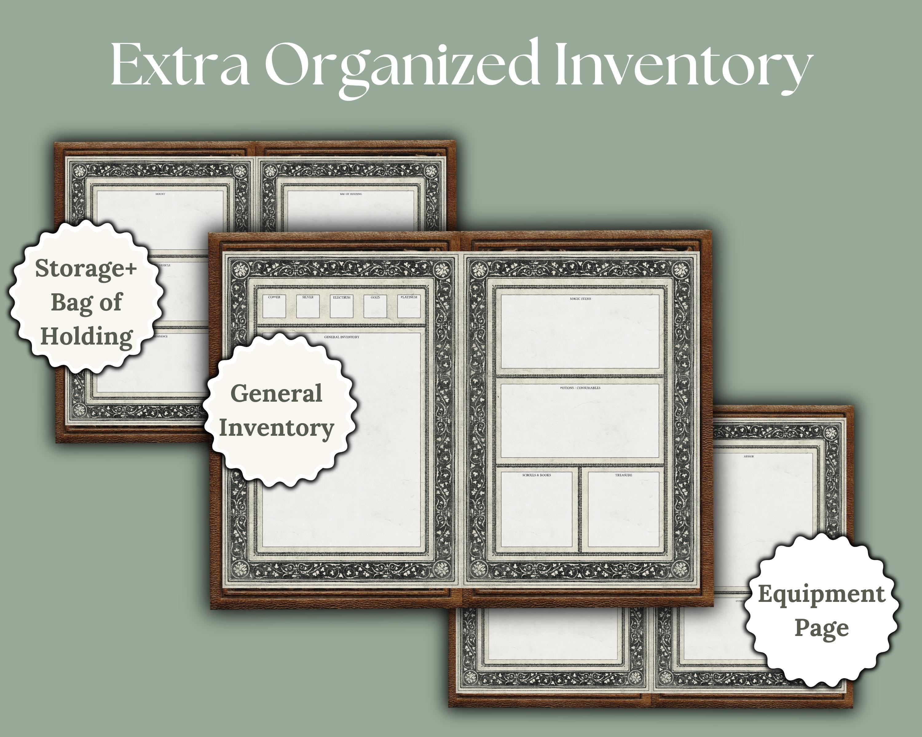 Preview of dnd character sheet inventory pages with various labels