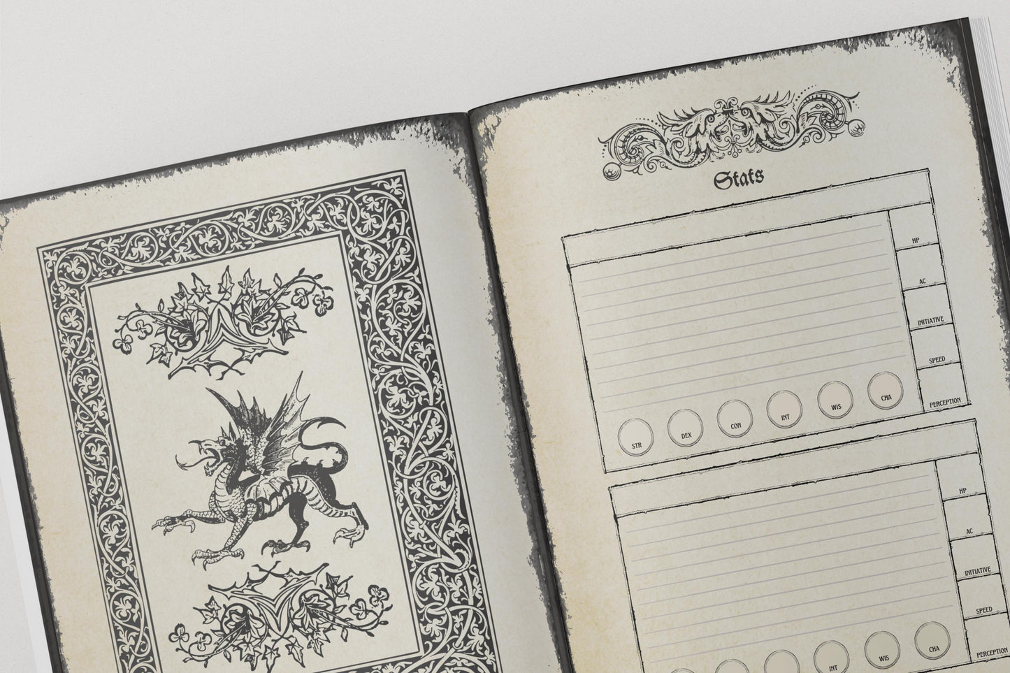 Open notebook with decorative pages and a layout for dnd stats