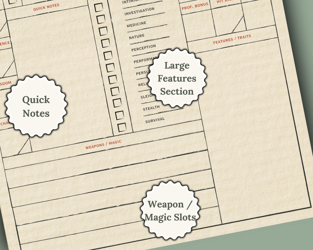 DnD character sheet with labeled sections 'quick notes' 'weapon / magic slots' 'large features section'