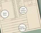 DnD character sheet with labeled sections 'quick notes' 'weapon / magic slots' 'large features section'