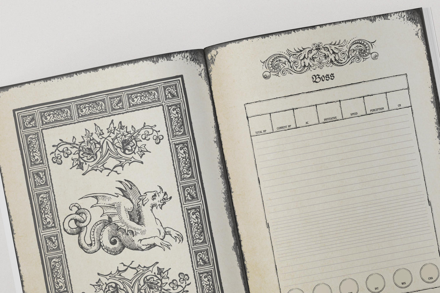 Open dnd notebook with decorative pages and a page for bosses.
