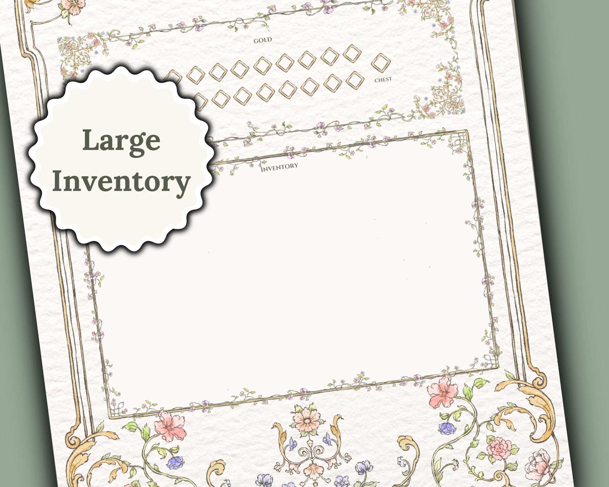 Close up of Daggerheart Character sheet inventory section with label 'large inventory'
