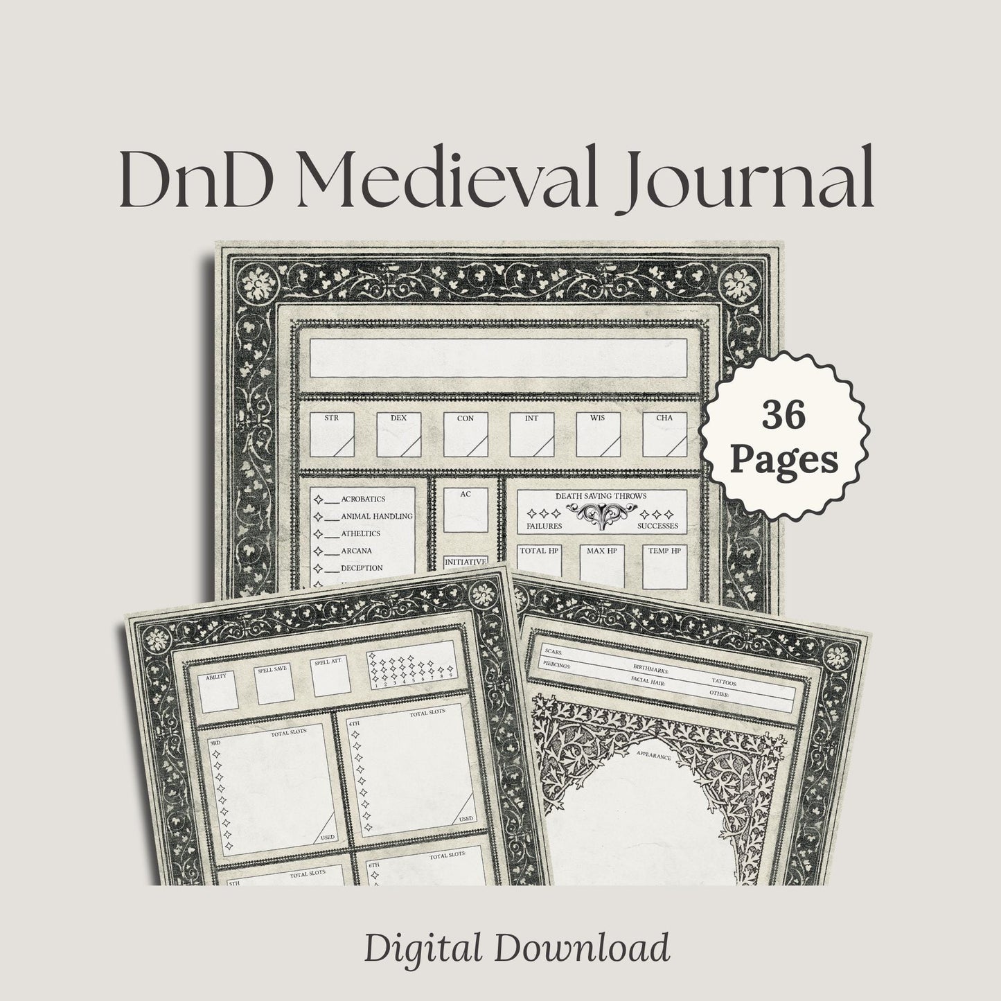 Digital Download -36 page D&D Medieval Journal with decorative frame