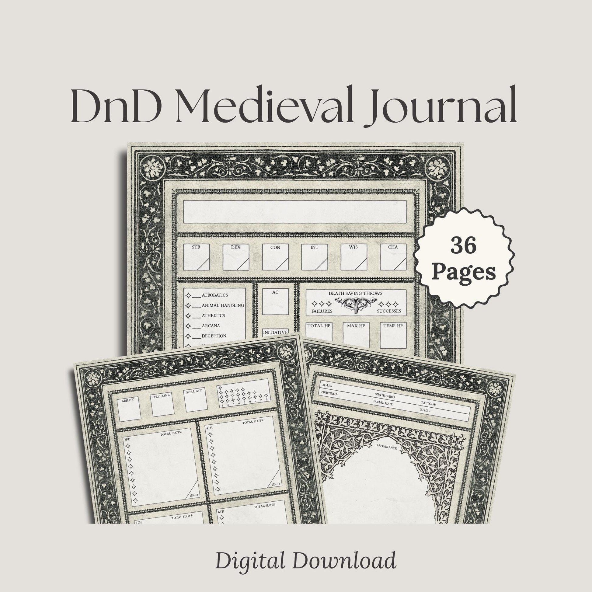 Digital Download -36 page D&D Medieval Journal with decorative frame
