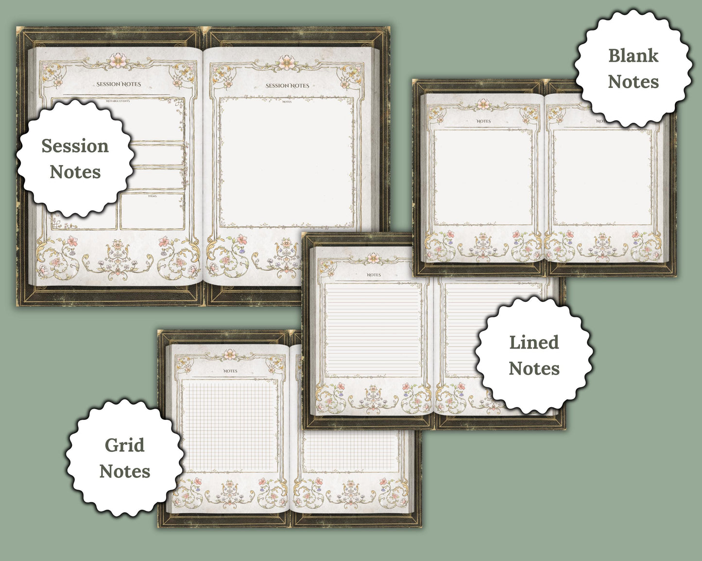 Various dnd notepage sections and labels for grid notes, lined notes, and session notes