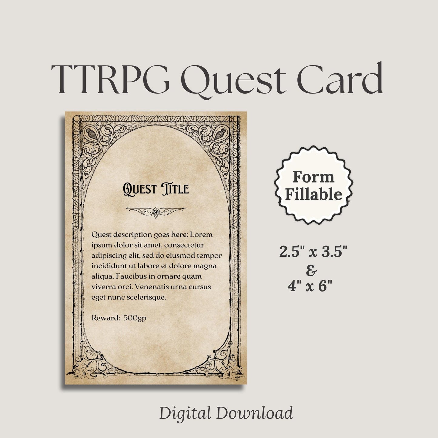 2.5x3.5" & 4x6" form fillable digital download TTRPG Quest Cards