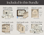 Promotional graphic of D&D gaming bundle contents including a campaign journal, spell cards, and quest cards.