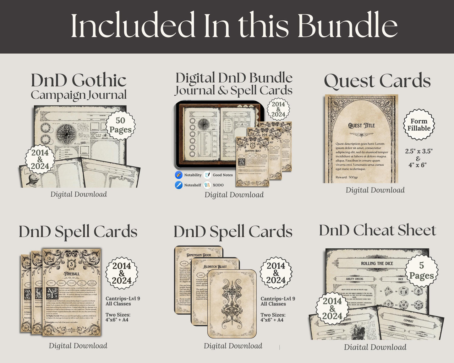 Promotional graphic of D&D gaming bundle contents including a campaign journal, spell cards, and quest cards.