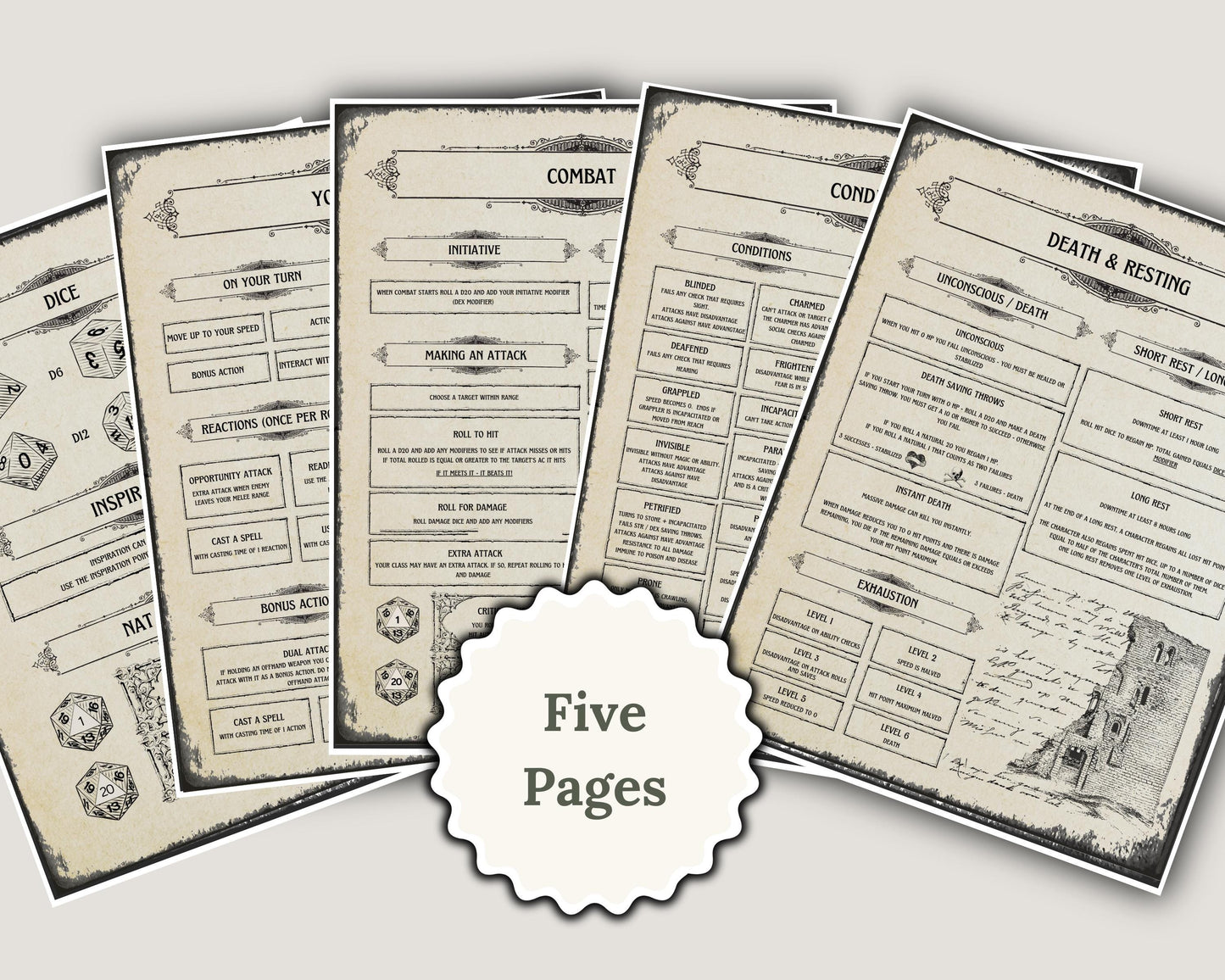 Five dnd rule sheets on a light gray background with 'Five Pages' text overlay.