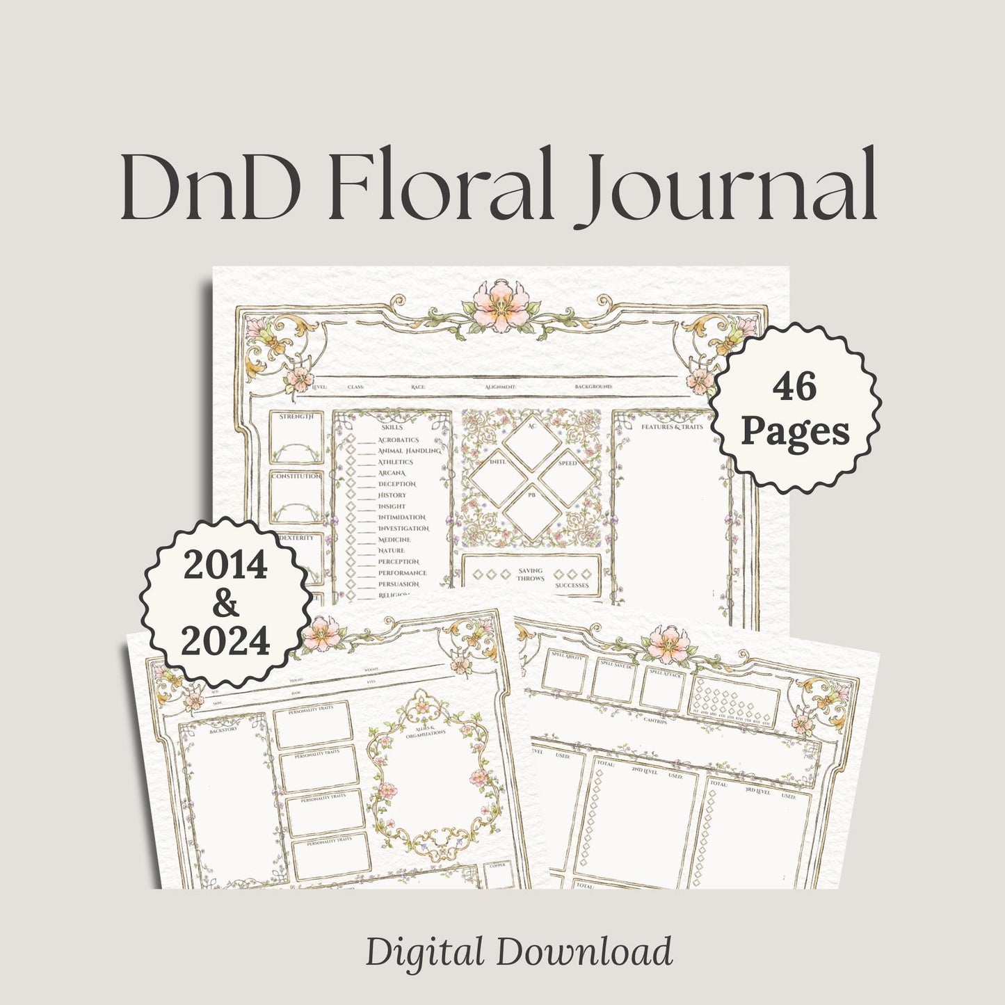 2014&2024 Digital Download DnD Floral Journal with sample pages '46 pages'