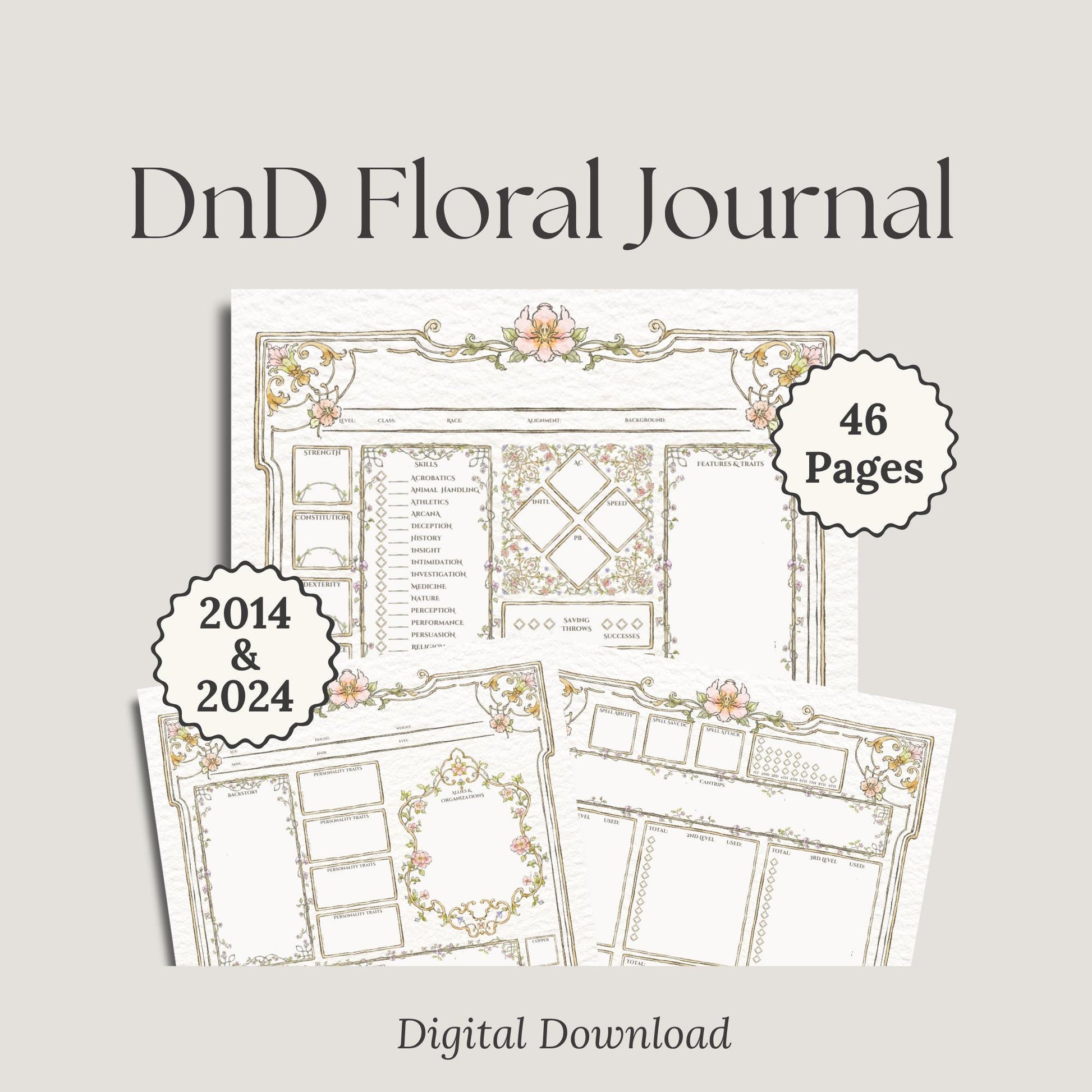 2014&2024 Digital Download DnD Floral Journal with sample pages '46 pages'