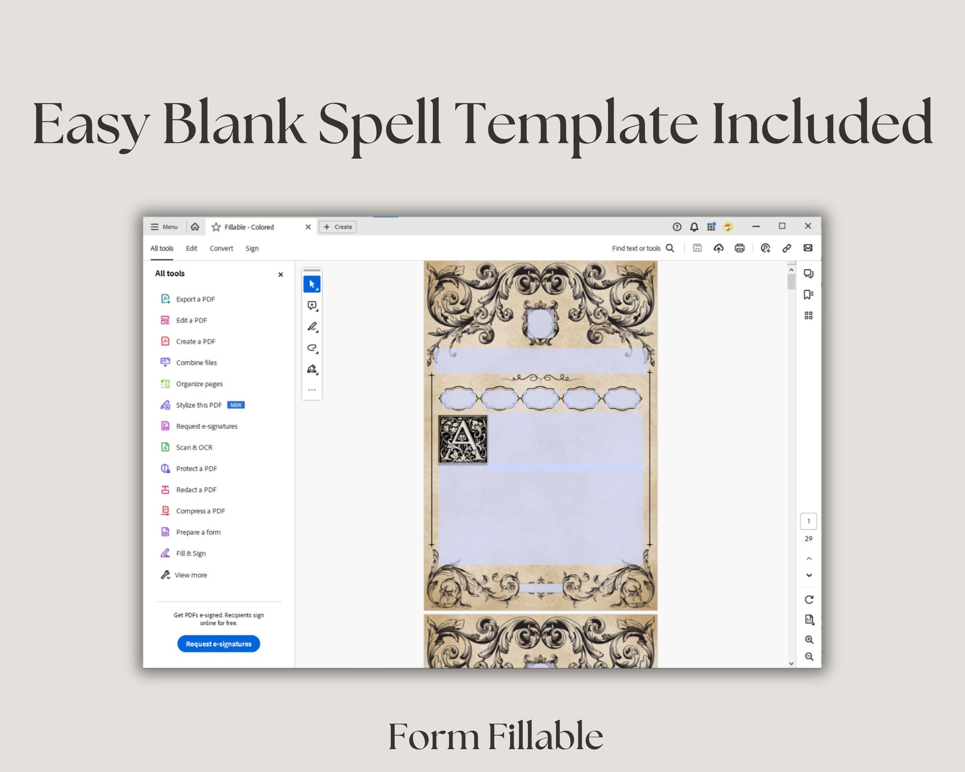 Computer screen displaying a pdf software with a decorative spell template on a light gray background.