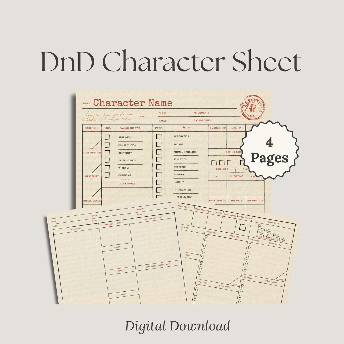 D&D Character Sheet with four pages 'digital download'