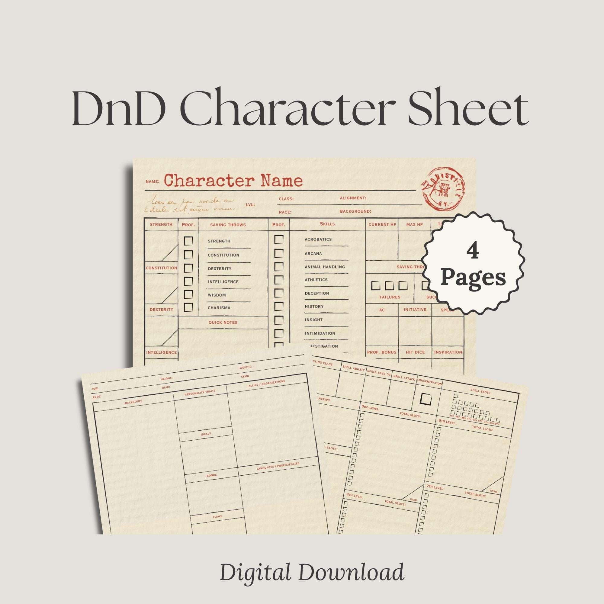 D&D Character Sheet with four pages 'digital download'