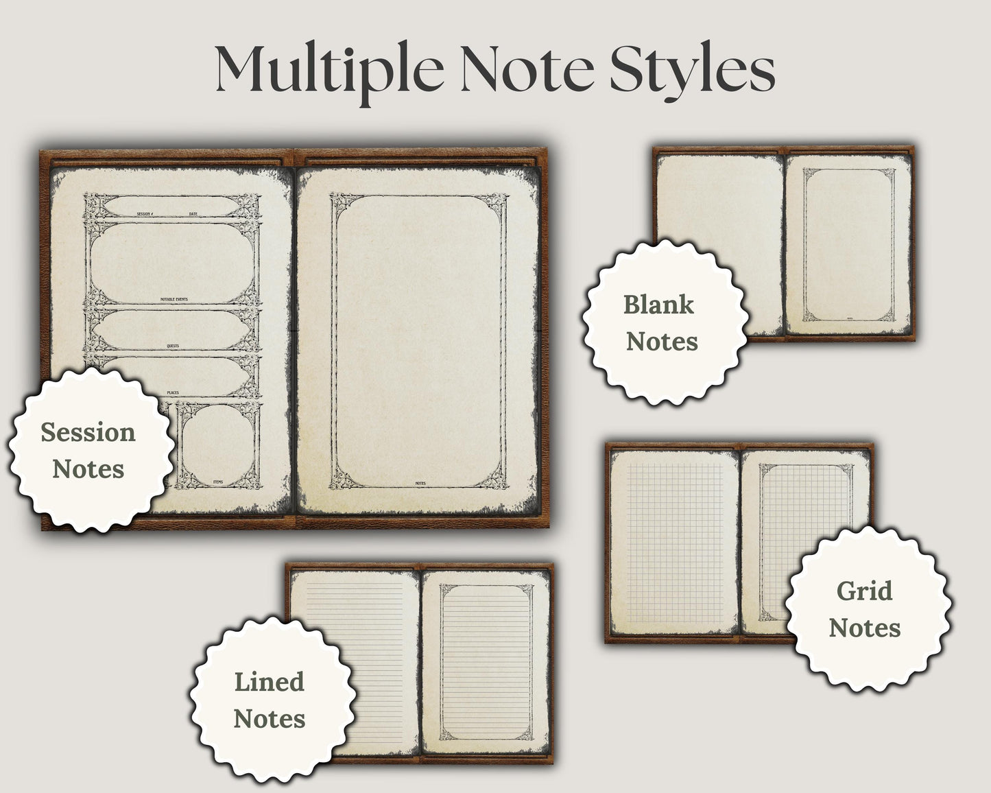 DnD notes pages with various styles