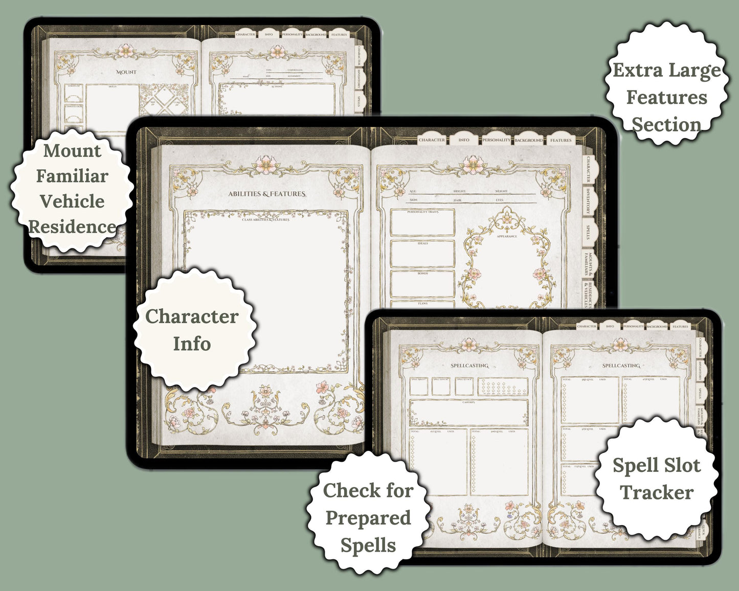 Features for different sections of character journal