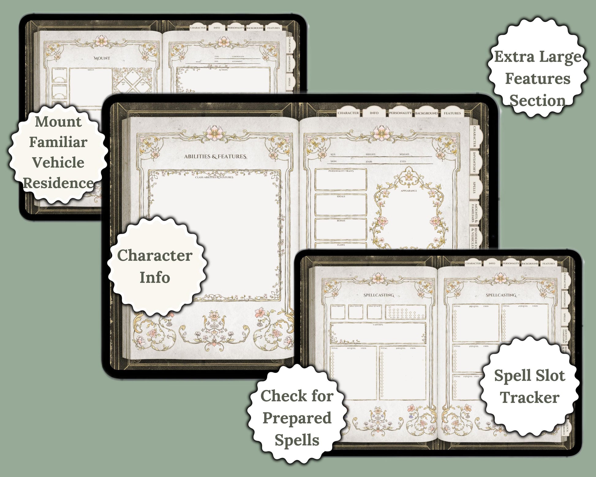 Features for different sections of character journal