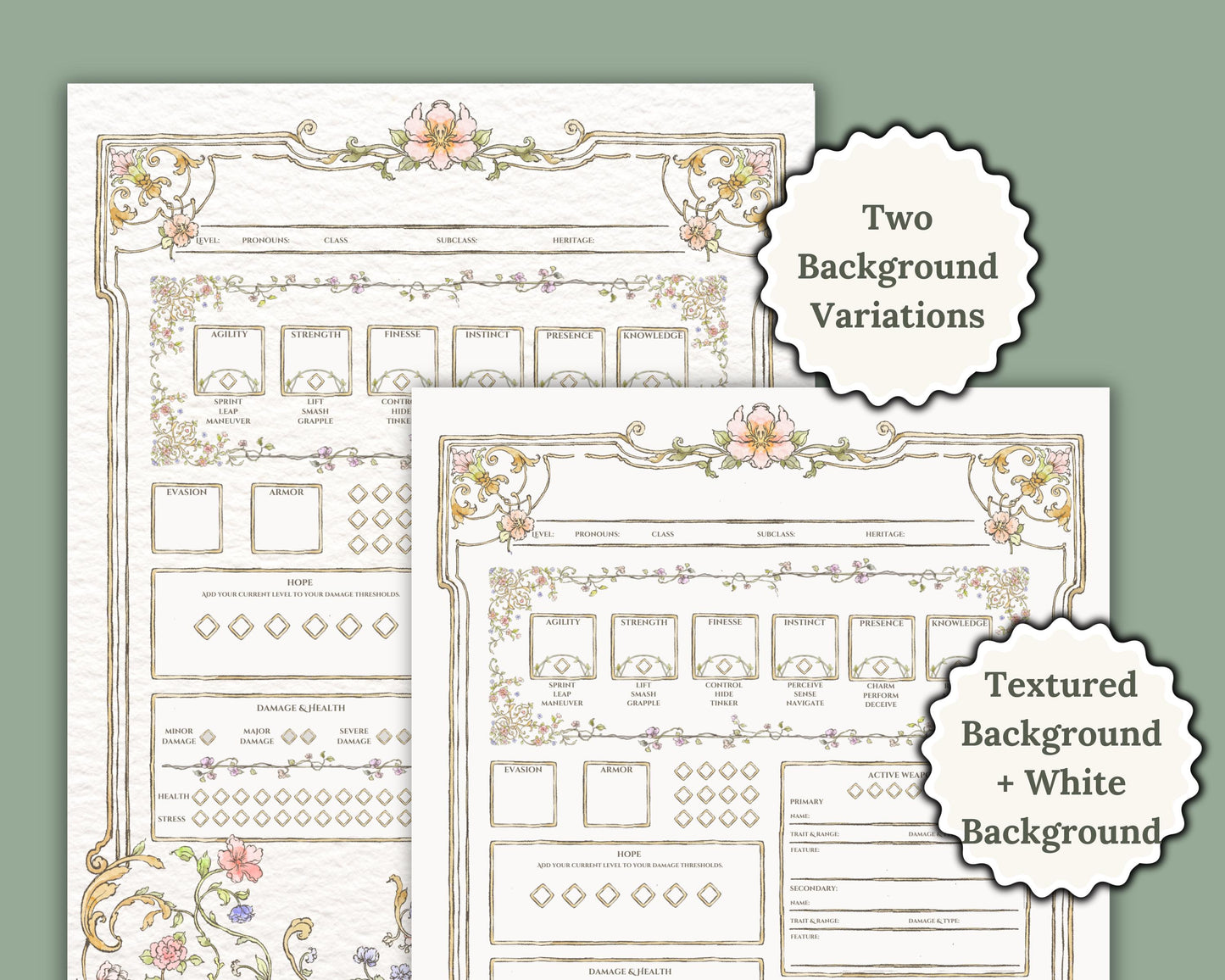 Daggerheart Character sheets showing background variations