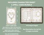 a spell card with dimensions and details about the product next to a preview for a floral dnd character journal