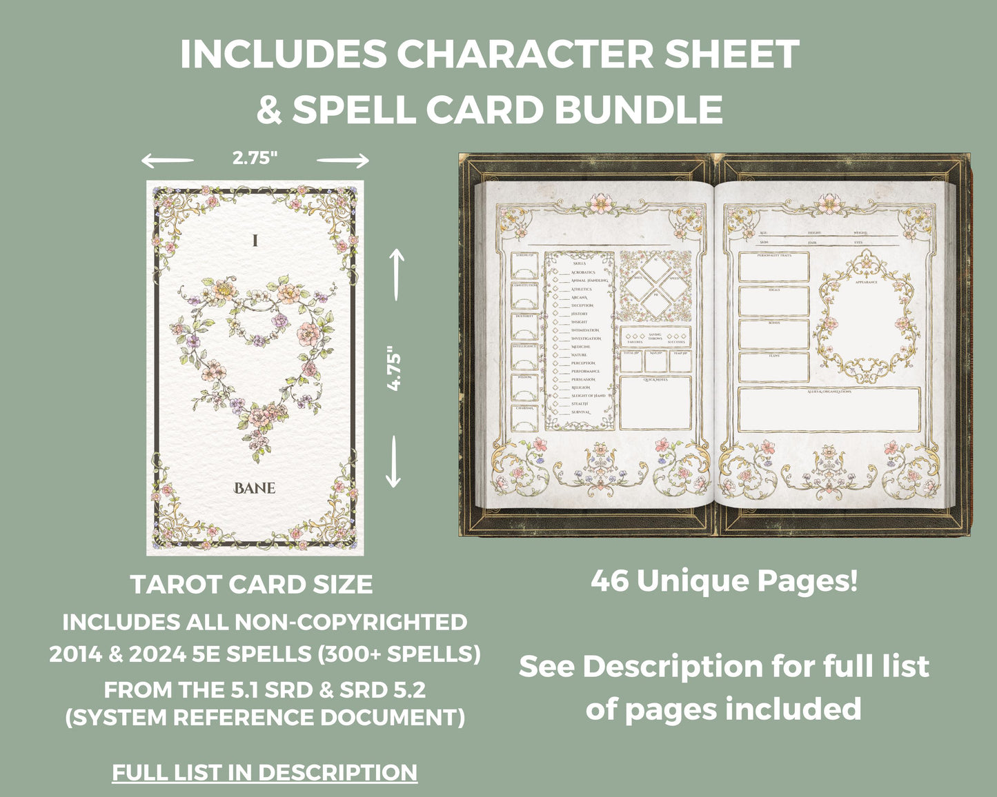 a spell card with dimensions and details about the product next to a preview for a floral dnd character journal