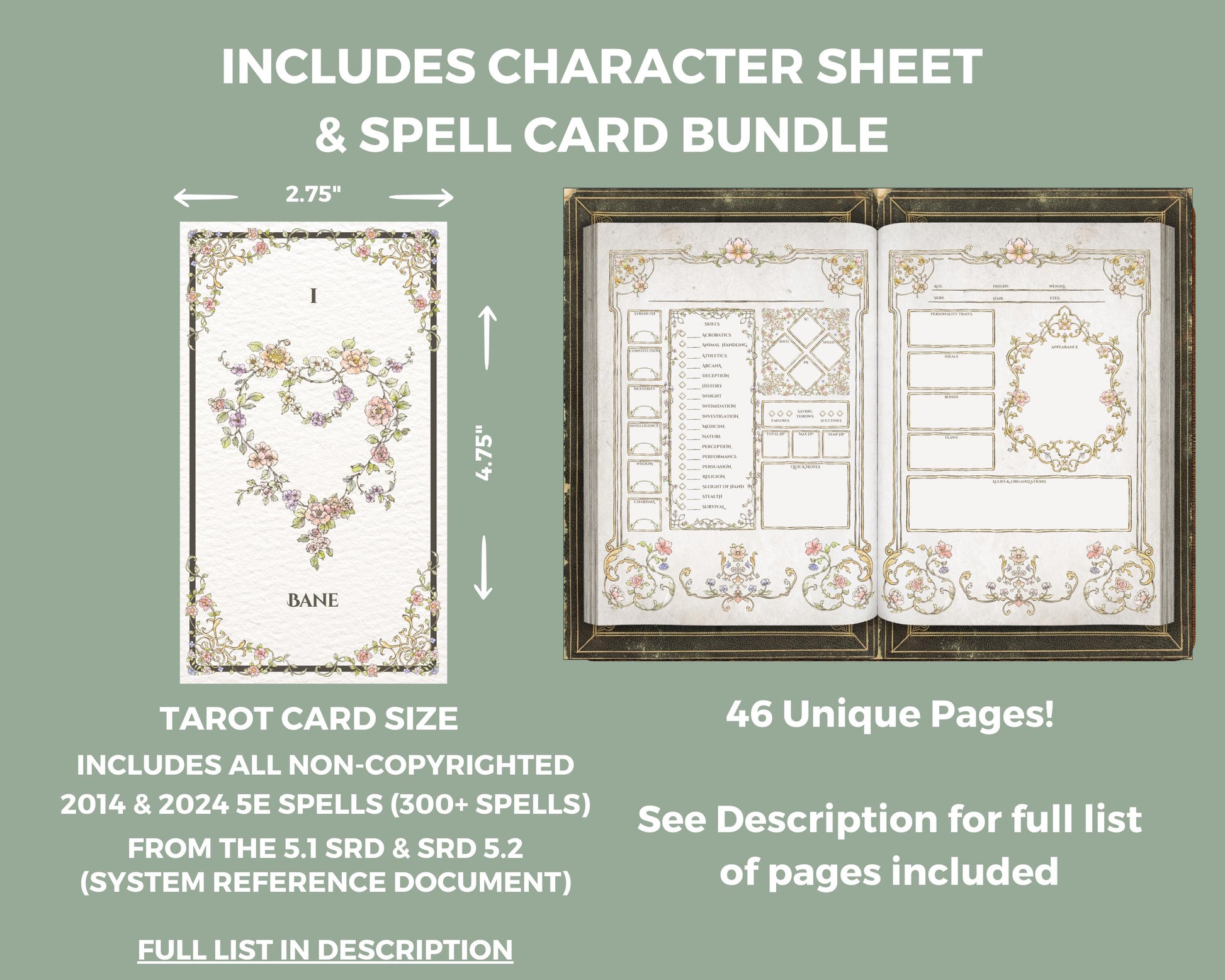 a spell card with dimensions and details about the product next to a preview for a floral dnd character journal