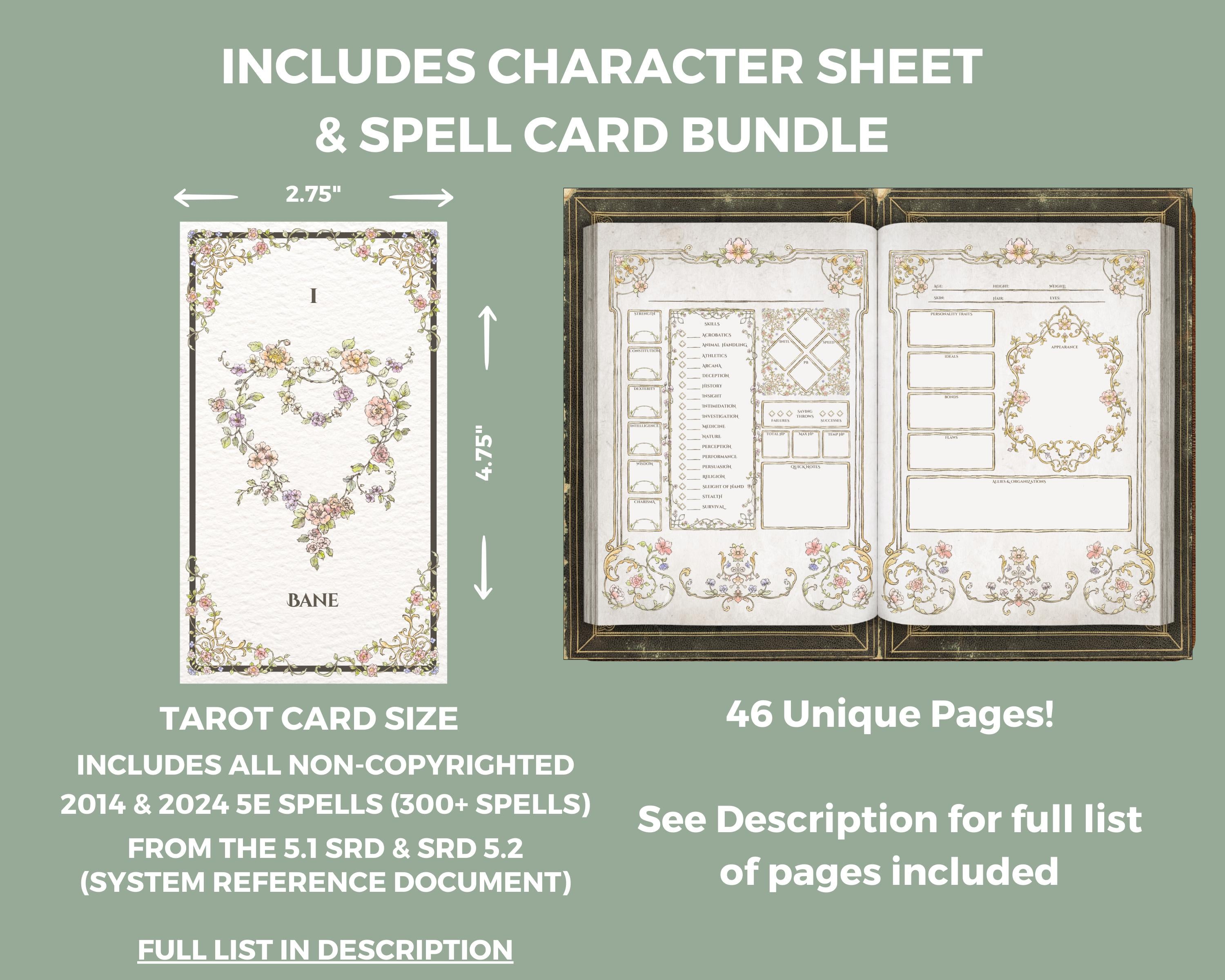 a spell card with dimensions and details about the product next to a preview for a floral dnd character journal