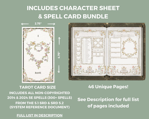 a spell card with dimensions and details about the product next to a preview for a floral dnd character journal