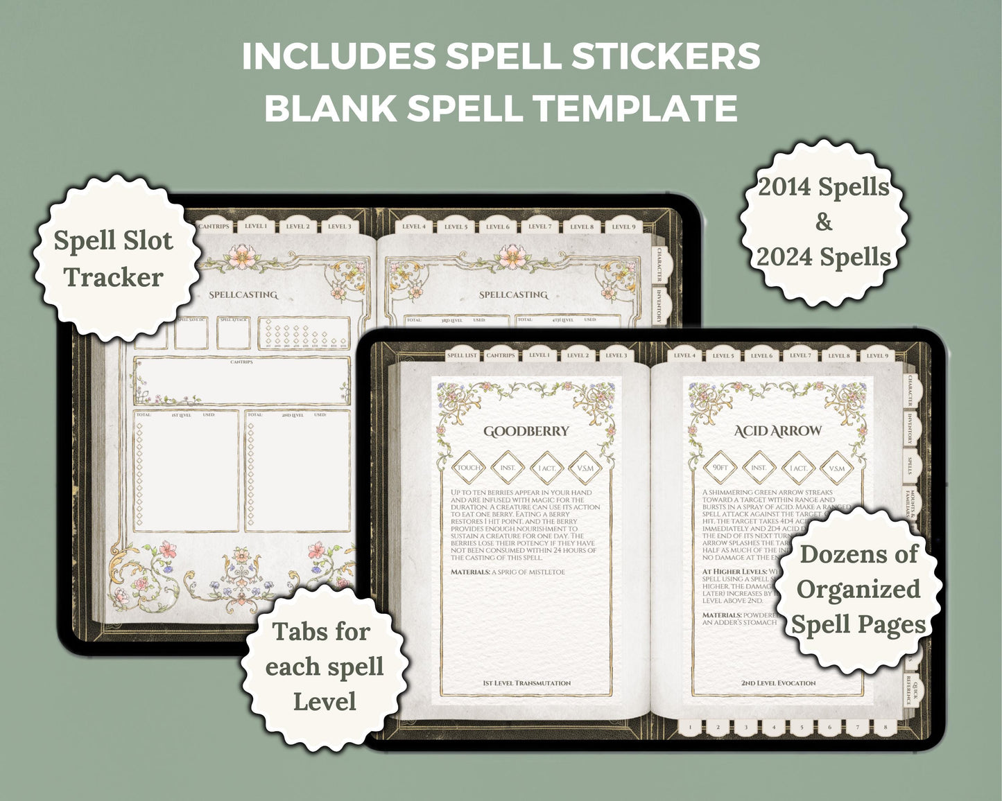 Digital journal spell slot tracker with spell page and listed features 